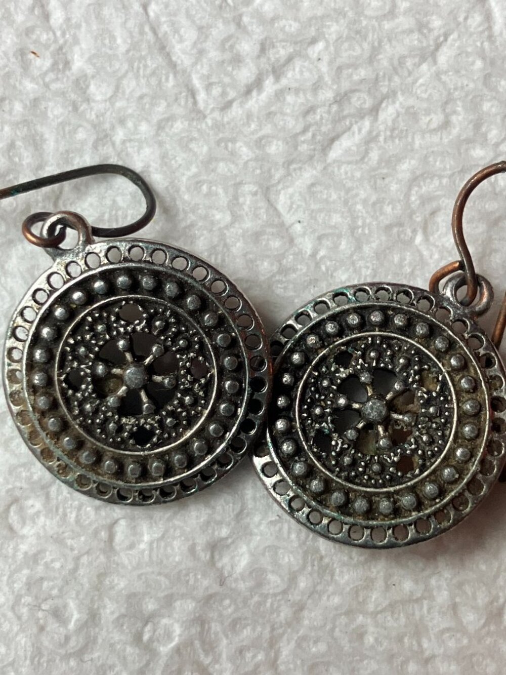 Vintage 90s Boho Medallion Dangle Earrings - Antiqued Silver Tone